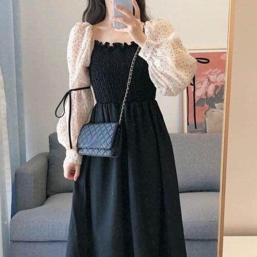 Korean Fashion Vintage Y2k Dresses for Women Summer 2021 Long Sleeve Casual Midi Dress Bandage Design Black Party Dress Female