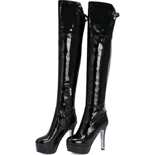 Winter Patent Leather Fashion Knee High Boots Pointed Toe Waterproof Platform Super Fine High Heel Autumn Sexy Long Women Boots
