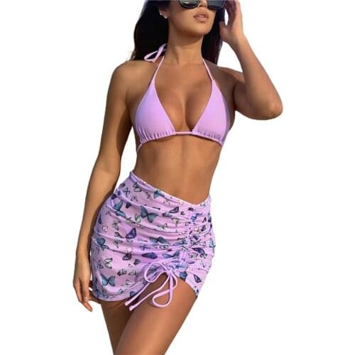 2021 New Women Three-piece Swimsuit Halter Bikini Butterfly Print Drawstring Design Summer Clothing Vestidos De Playa Para Mujer
