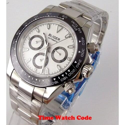 40mm Bliger Multifunction Automatic Wristwatch For Men Week Date Display Sapphire Glass Luminous White Dial SS Band