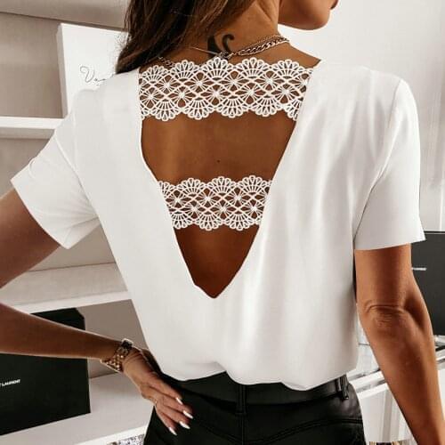 40# Backless Women Blouses Tops Lace Hollow Out Short Sleeve Sexy Casual Cut Out Back Blouse Tops Elegent Blouses Shirts Топ