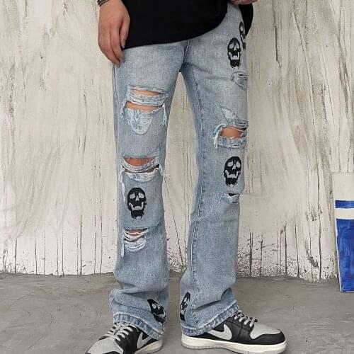 Fashion Skull Print Knee Hole Hip Hop Jeans Men Motorcycle Pants Graphic Jeans Pantalon Homme Ripped Jeans For Men High Street