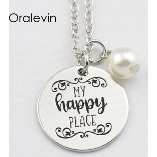 Hot Fashion MY HAPPY PLACE Inspirational Hand Stamped Engraved Charms Custom Pendant Necklace Gift Jewelry,10Pcs/Lot, #LN856