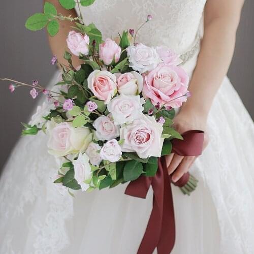 IFFO new high-end custom bride hand flower bouquet pink roses ribbon wedding bouquet bridesmaid wrist flower girl DIY Decorative