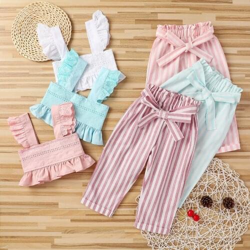 FOCUSNORM 3 Colors 1-6Y Kids Girl Clothing Set Lace White Tank Tops Striped Long Pant Trouser 2PCS Summer Clothes
