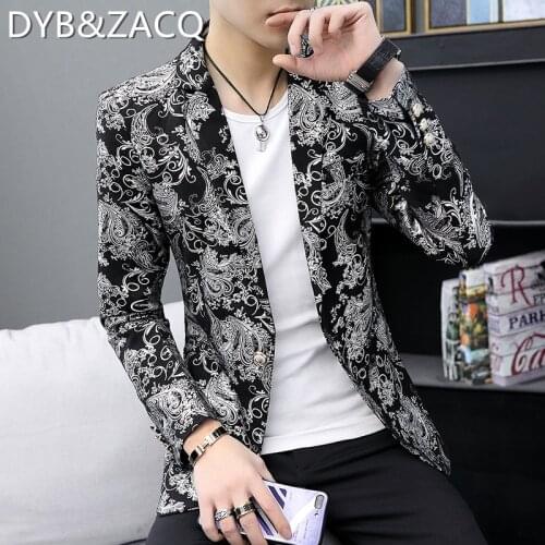 Mens suit 2021 spring hair stylist gold print suit singer performance clothes youth night stage jacket trend