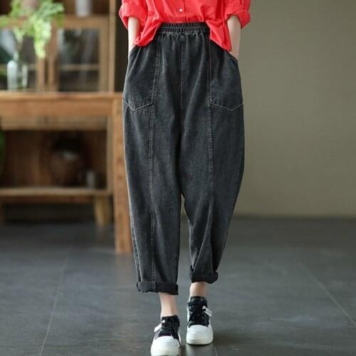 NINI WONDERLAND 2021 Autumn Cotton Patchwork Denim Pants Women Elastic Waist Casual Jeans Spring Womens Vintage Retro Pants