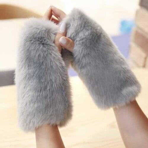 Winter Warm Woolen Fur Gloves Women Stretchy Wrist Fingerless Adult Fashion Solid Mittens Glove gants femme
