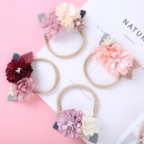 Baby Girl Flower Headband Foral Elastic Hair Bands Pearl Handmade Headwrap Soft Nylon Band For Newborn Fashion Hair Accessories