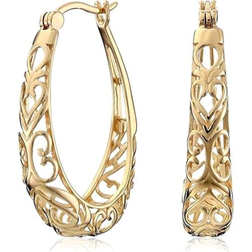 Huitan Aesthetic Pattern Gold Color Hoop Earrings Women Wedding Engagement Party Accessories Hollow Out Design Fashion Jewelry