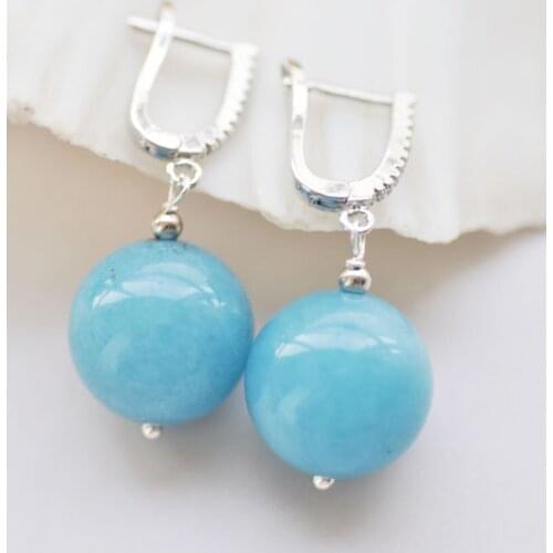 S2451 16mm Aquamarine Jade Round Bead Dangle Earring CZ