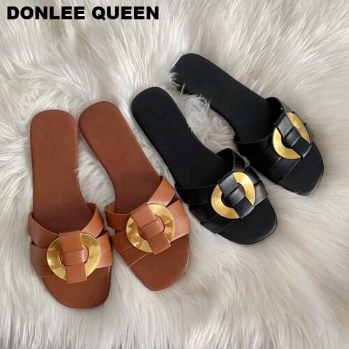 2020 Summer Slippers Women Brand Slide Flat Casual Sandal Female Beach Flip Flops Metal Buckle Slipper Big Size 41 zapatos mujer