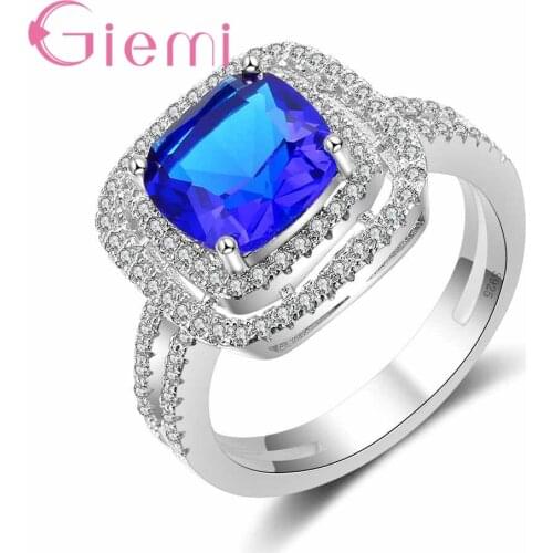 Stylish Wedding Engagement Jewelry Double Square Blue Austrian Crystal Ring Women Finger Ring 925 Sterling Silver Bague