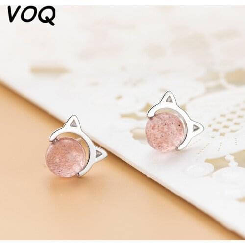 VOQ Cat Earrings Female Small Fresh and Soft Cute Animal Kitten Strawberry Crystal Earrings Earrings Womens Jewelry Earrings