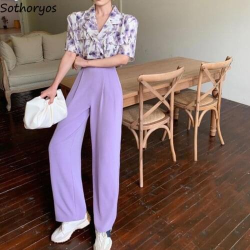 Women Sets Floral Shirts Short Sleeve Single Breasted Wide Leg Pants Draped High Waist Elegant Pleated Temperament Sweet Tender