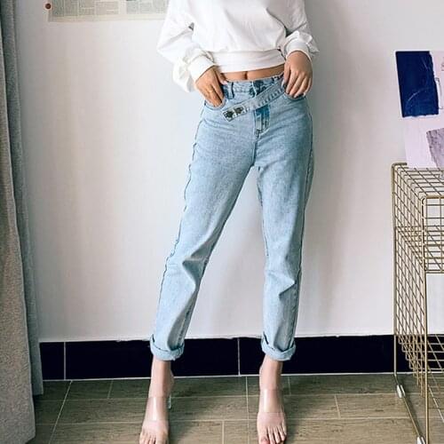 Women High Waisted Straight Leg Jeans Fashion Irregular Belt Boyfriend Jeans Woman Casual Loose 2021 Vintage Washed Denim Pants