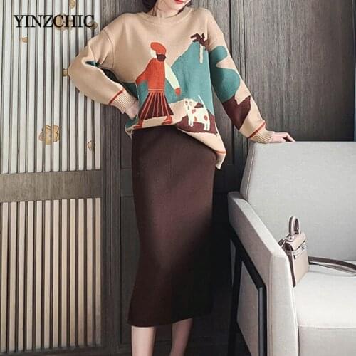 Woman Winter Knitted Suits Fashion Print Loose Sweater Furcal Pencil Skirt Sets Woman Casual New Female Knit Suits Autumn