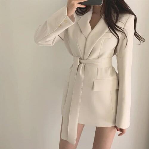 Womens blazer ladies slim suit jackets korean fashion coat lace up waist solid color office blazer