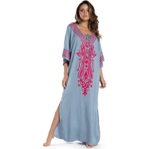 2021 Summer Casual Dress Cotton Blouse V-neck Beach Blouse Beach Tunic Robe Sunscreen Long Skirt Bikini Blouse Beachwear Sarong