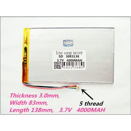 5 thread 3083138 3.7V tablet battery 4000MAH 3083136 li-ion rechargeable battery for medical device or POS DVD DVR 3084134