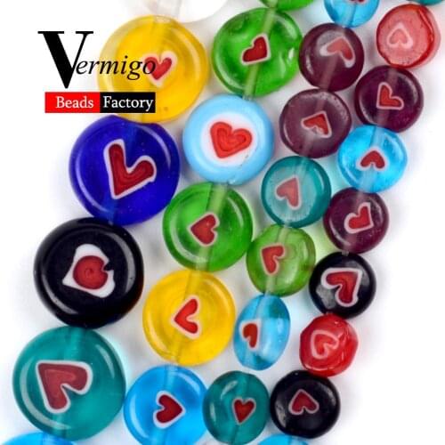 6/8/10mm Millefiori Glass Beads Heart Panttern Lampwork Flat Round Crafts Beads for Jewelry Making Diy Bracelet Jewellery 15"