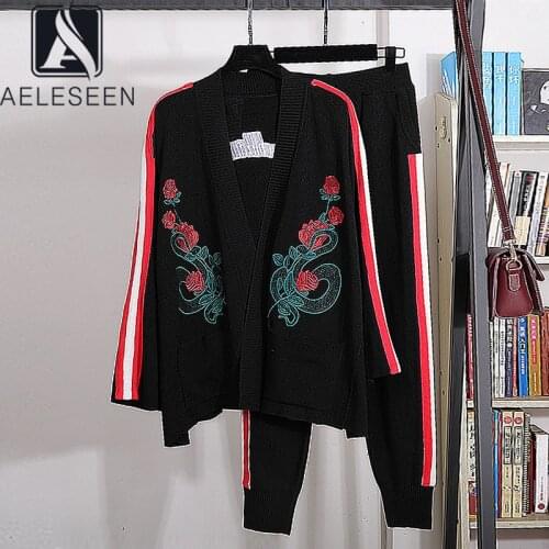AELESEEN Runway Fashion Women Knitted Sets 2021 High Quality Flower Embroidery Striped Cardigan+Full-lenght Pants 2 Pieces Sets