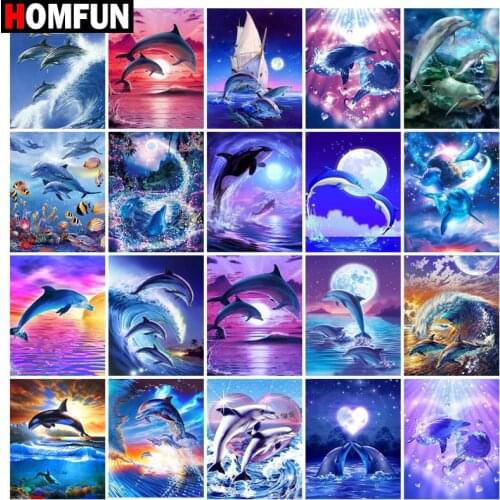 HOMFUN Full Square/Round Drill 5D DIY Diamond Painting "Dolphin sea moon" 3D Embroidery Cross Stitch 5D Home Decor Gift