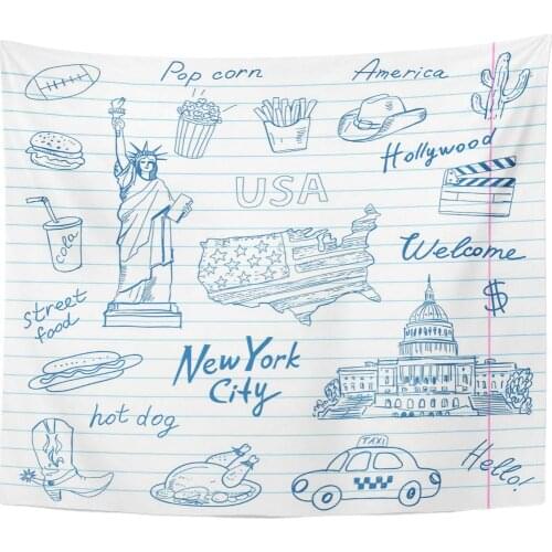 America Symbols on The Sheet with Statue Liberty Blue Pen Words USA New York City Welcome Street Home Decor Tapestry Wall