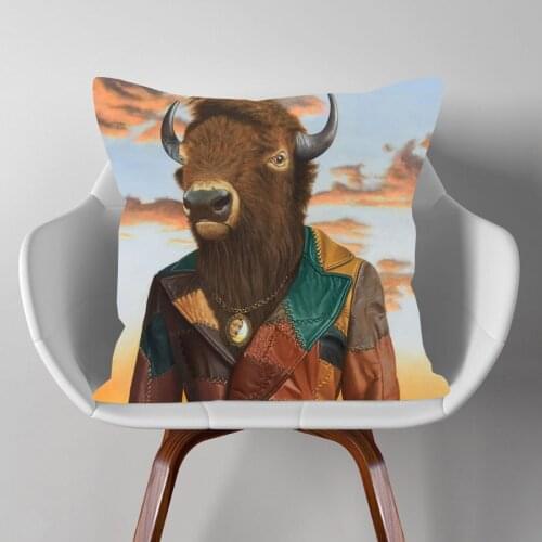 Buffalo ox Art Animals Poster Cushion Cover Home Decorative Sofa Throw Pillow Case Invisible Zipper