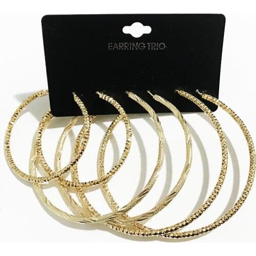 Gothletic Gold/Rhodium Color Pack of 3 Big Hoop Earrings Set Textured Metal Round Circle Earring for Women Fashion Jewelry 2020