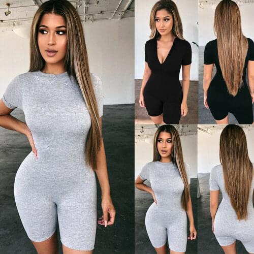 2020 New Womens Lady Yoga Clothes Plain Short Sleeve Bodycon Stretch V-Neck Leotard Jumpsuit Romper Tracksuits Sportswear