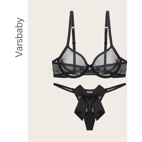 Varsbaby Womens Lingerie Set See Through Underwire Bra Panties Set Lace G-string Sexy Bra Set A B C D E Cup