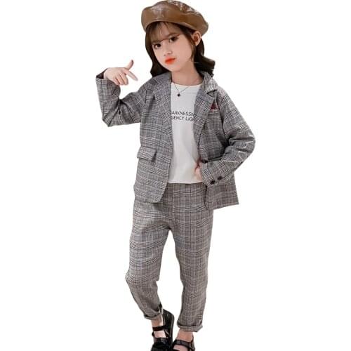 Girls Suit Set Plaid Jacket + Pants Costume For Girls Spring Autumn Tracksuit For Girl Casual Style Tracksuit Kids 6 8 10 12 14
