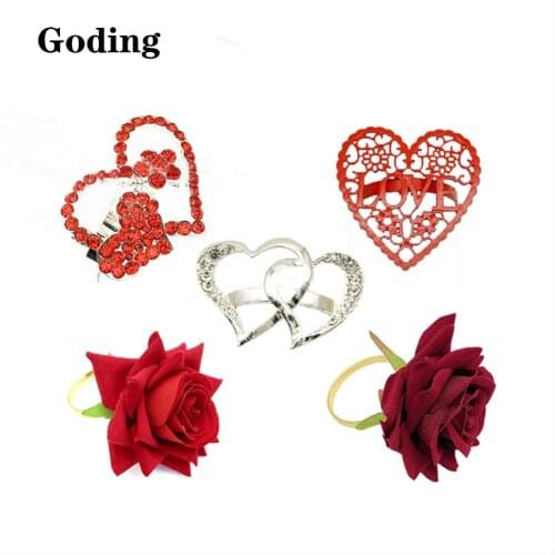 Valentines Day Red Heart-Shaped Napkin Ring Metal Napkin Ring/Imitation Rose Flower Napkin Buckle/Hotel Tableware