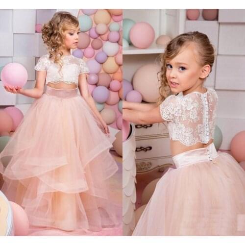 Coral Two Pieces Lace Ball Gown Girl Dresses Vintage Child Pageant Dresses Beautiful Flower Girl Performance Costumes Dress