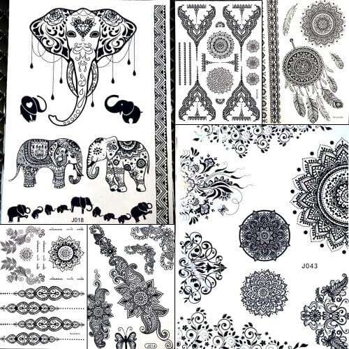 Lace Pendants Elephant Waterproof Fake Black Henna Temporary Tattoo Stickers Women Girl Body Art Legs Under Breast Sternum Tatoo