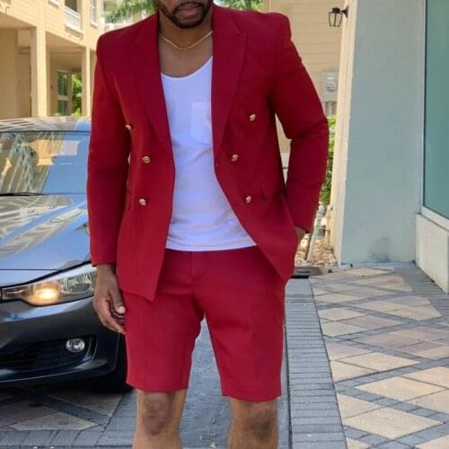 2021 Summer Tailor Made Fashion Red Blazer And Male Shorts Plus Size Slim Fit Groomsmen Tuxedo For Wedding Beach Party Custome