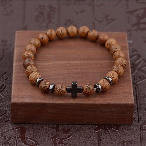 Mens Leopard Head Cross Crown Bracelet and Bracelet Womens Wooden Bead Trendy Jewelery 8mm Natural Sandalwood Rosary Bracelet