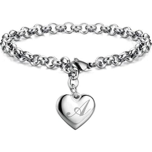 Initial Charm Bracelets Stainless Steel Heart 26 Letters Alphabet Initial Bracelet Birthday Gifts for Women Teen Girls