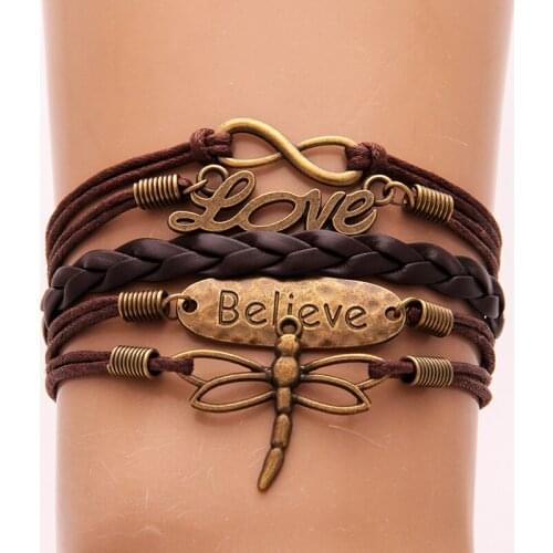 Infinity Braided Faux Leather Rope Bracelet Women Trio Kit Love Bird Courage Sister Vintage Wrist Bracelet Bangle Birthday Gifts