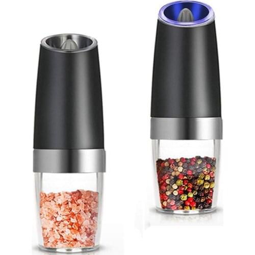 Premium Gravity Electric Salt and Pepper Grinder Set of 2 Battery Powered Salt Shakers, Automatic One Hand Pepper Mills with L