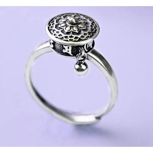 Silver Color Buddhist Ring for Women Tibetan Prayer Wheel Ring OM Mantra Ring Good Luck Women Ring