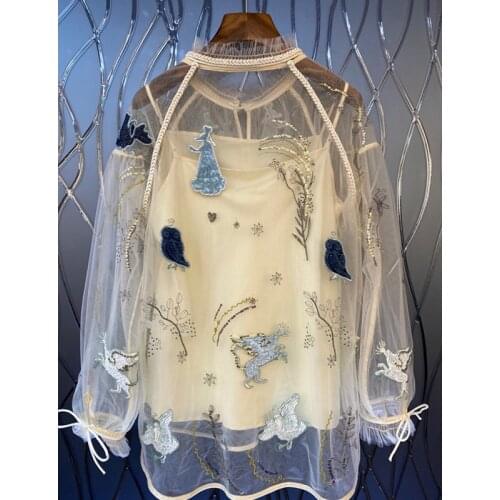Mesh High Quality Runway Fashion Designer New Flower Animal Embroidery Casual Holiday Blouse