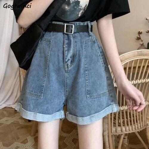 Shorts Womens Summer Denim Big Pockets Solid Button A-Line Cuffs Retro Vintage Loose All-match High Waist Wide Leg Chic New Hot
