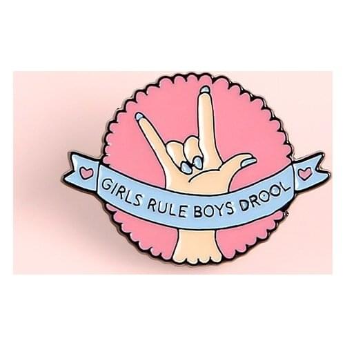 Feminism Rock I love you gesture brooch Creative cute Pink badge Gifts for friends Enamel lapel badge girls rule boys drool