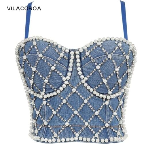 Pearl Stitching Diamond Denim Corset Women Cropped Tops Tube Top Sling Skinny Sexy Backless Camis Streetwear Tank Top Female