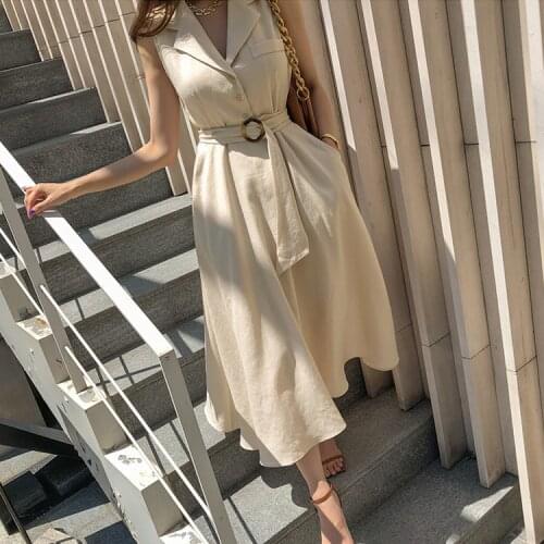 2020 Brand New Hepburn Style Women Mid Dress Notched Collar Sleeveless High Waist French Dress Slim Belted Dress Vestidos Mujer