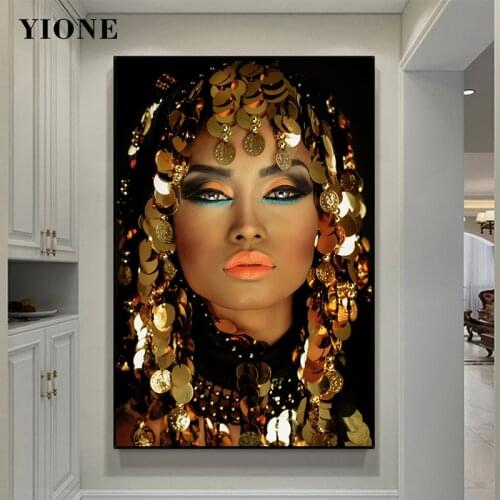 Gold Fashion Art Woman Modern Picture Print Custom Biling Ethnic Model Canvas Painting Wall Poster for Living Room Home Decor
