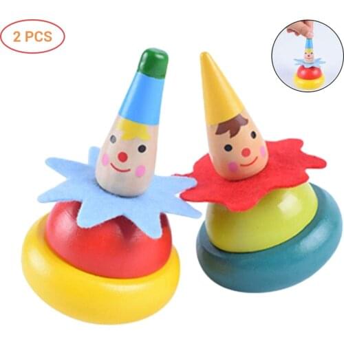 2PCS Wooden Clown Toy Baby Rotate Children Tumbler Grow Intelligence Kids Classic Gyro Educational Wooden Spinning Top