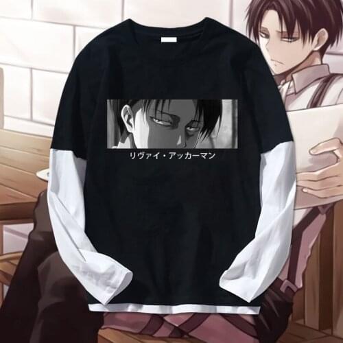 リヴァイ·アッカーマンJapanese anime fake two-piece long-sleeved T-shirt ladies summer Harajuku loose gothic short-sleeved punk top y2k